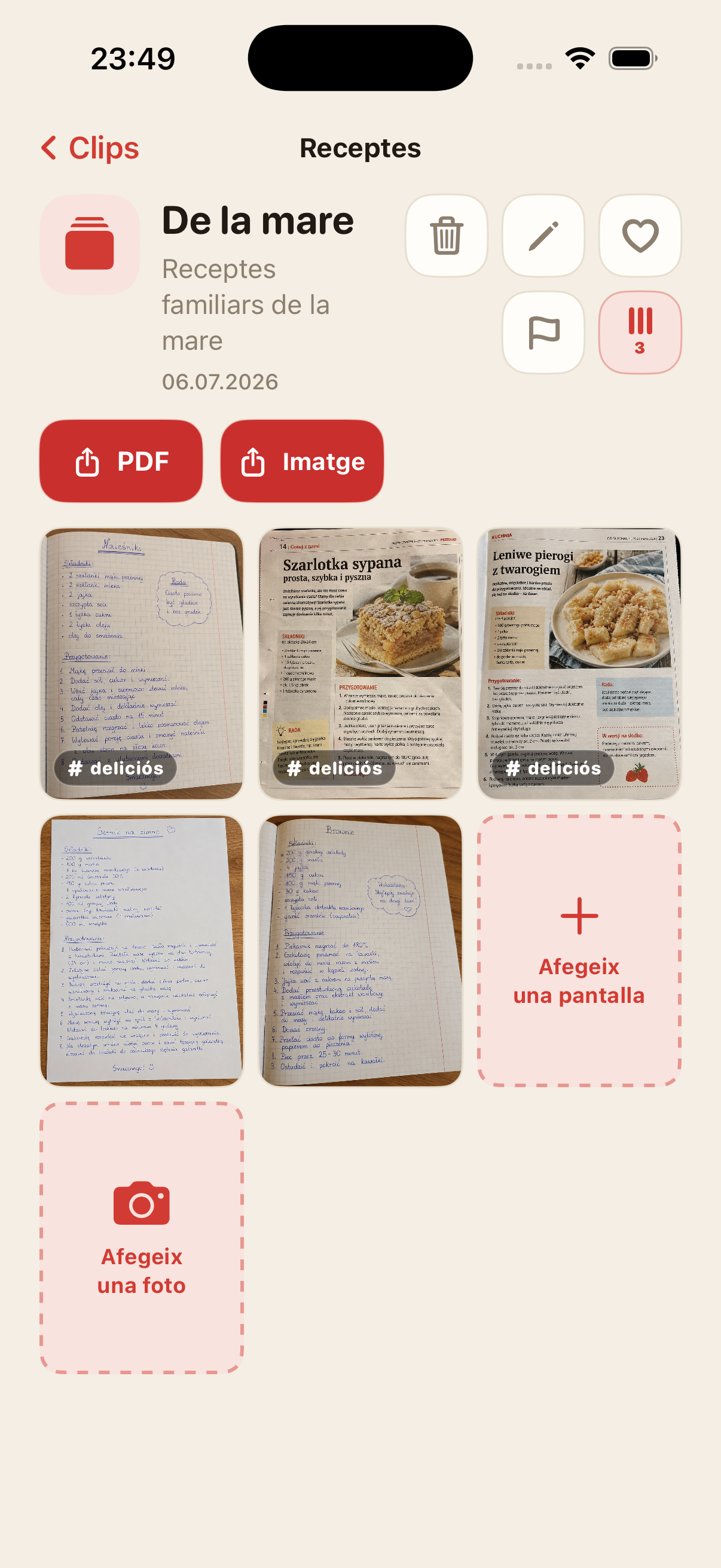 Pantalla de detall d’un Clip amb captura, foto i accions d’exportació a PDF