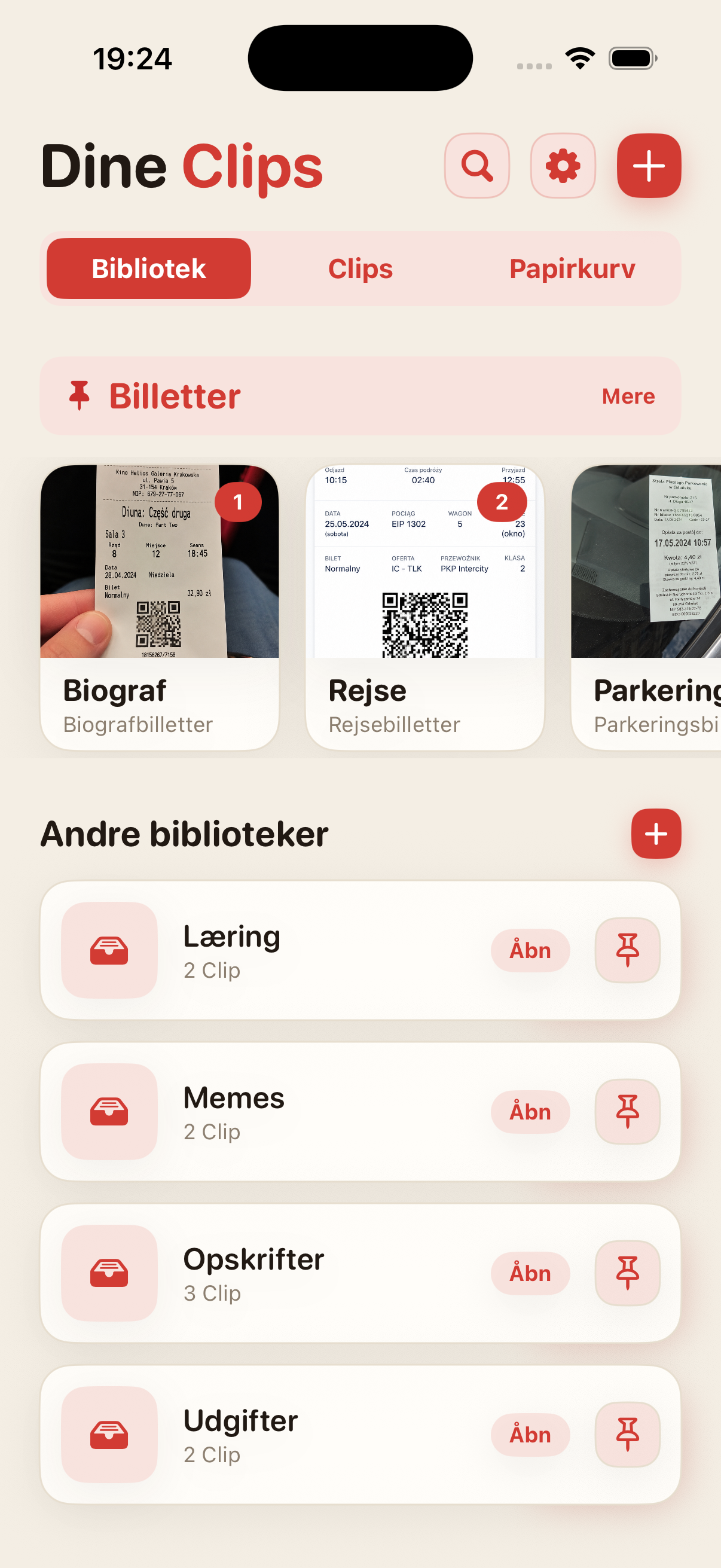 ScreenClips-startskærm med biblioteker og Clips