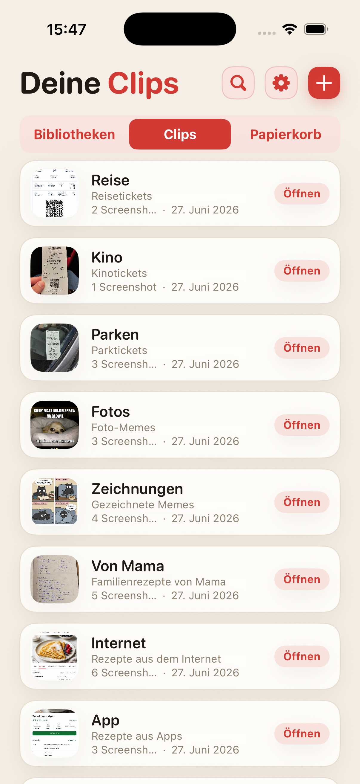 Liste von Clips in ScreenClips