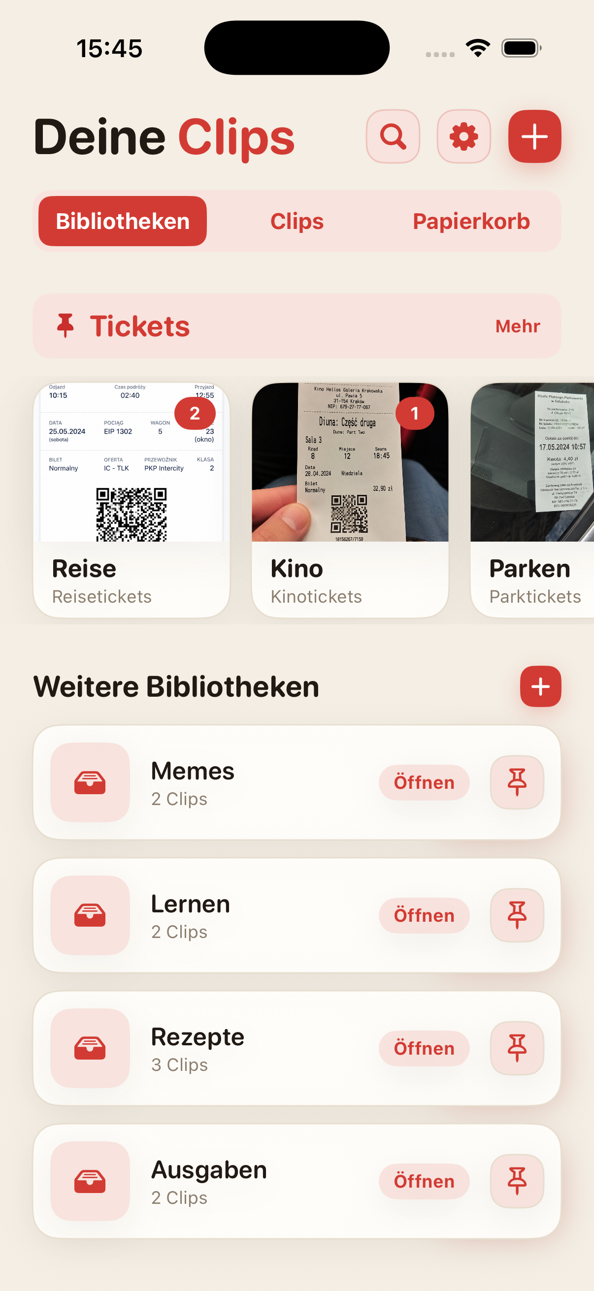 Startbildschirm von ScreenClips mit Bibliotheken und Clips