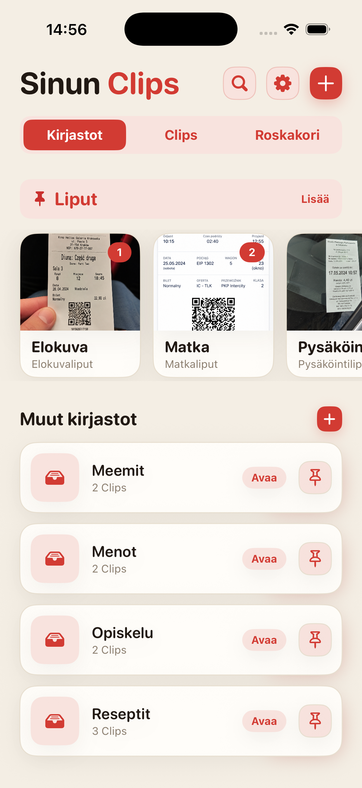 ScreenClipsin etusivu kirjastoilla ja Clipeillä
