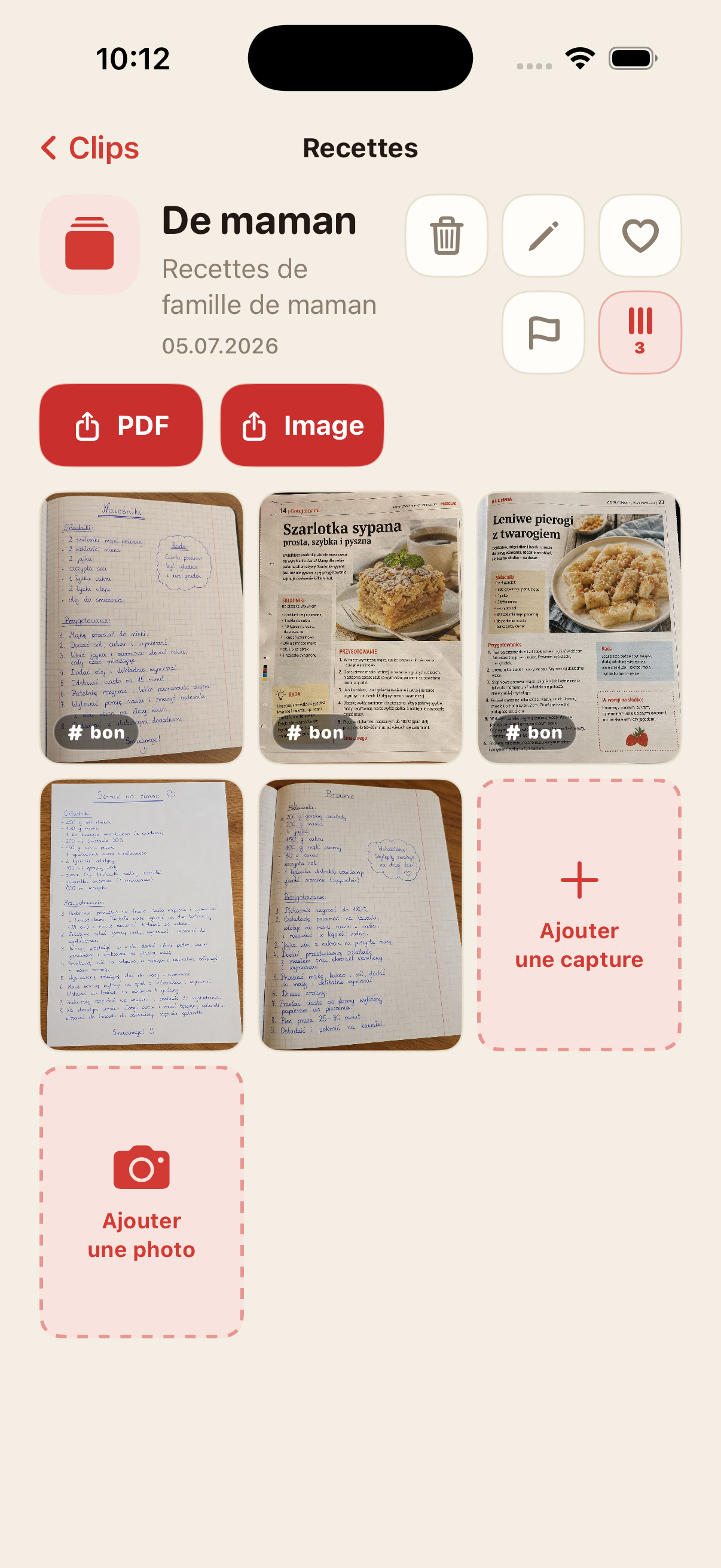 Détail d'un Clip avec actions pour ajouter des captures, des photos et exporter en PDF