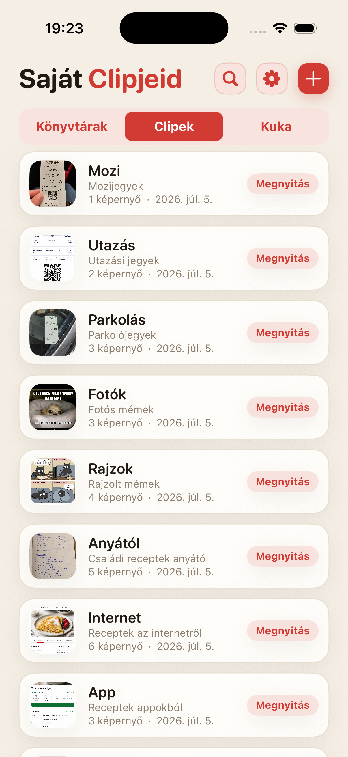 Clipek listája a ScreenClipsben