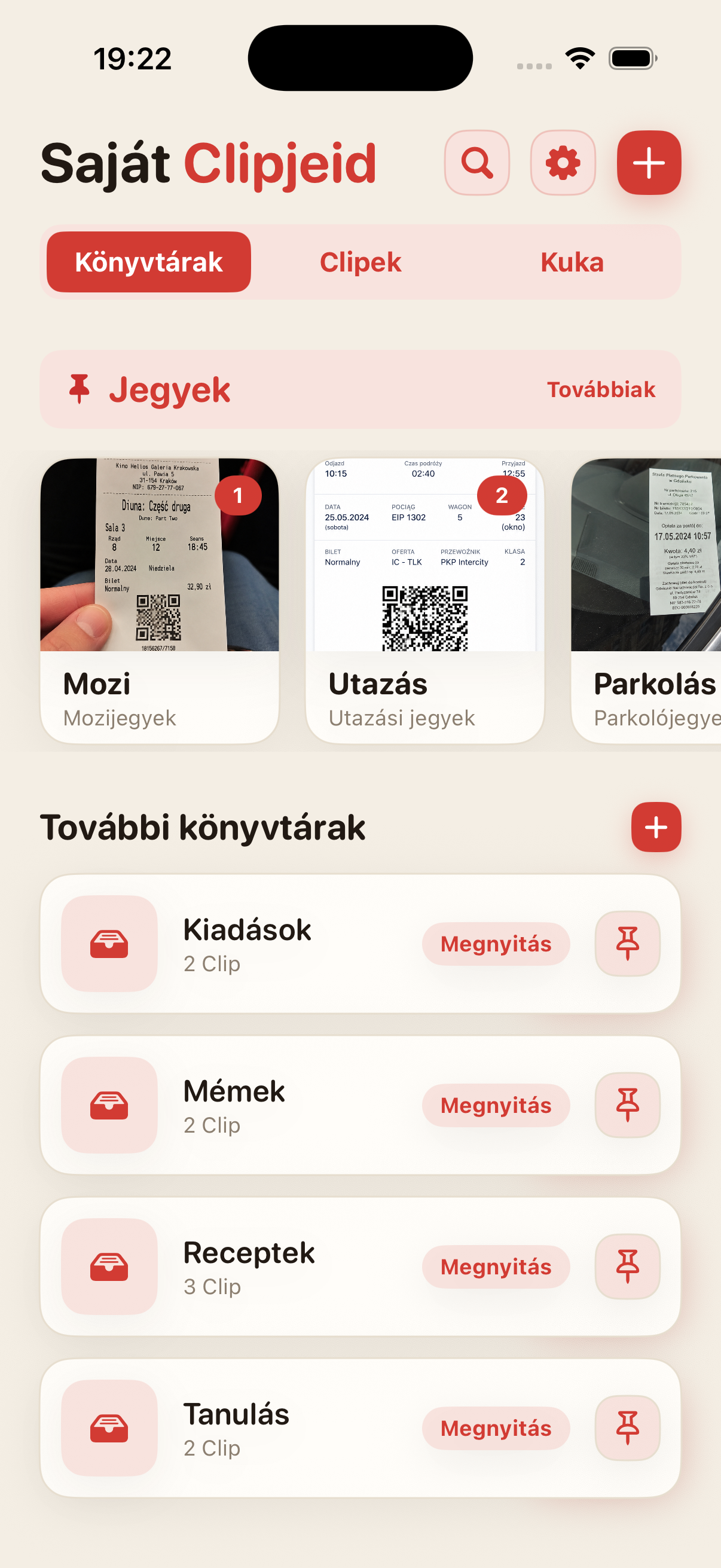 A ScreenClips kezdőképernyője könyvtárakkal és Clipekkel