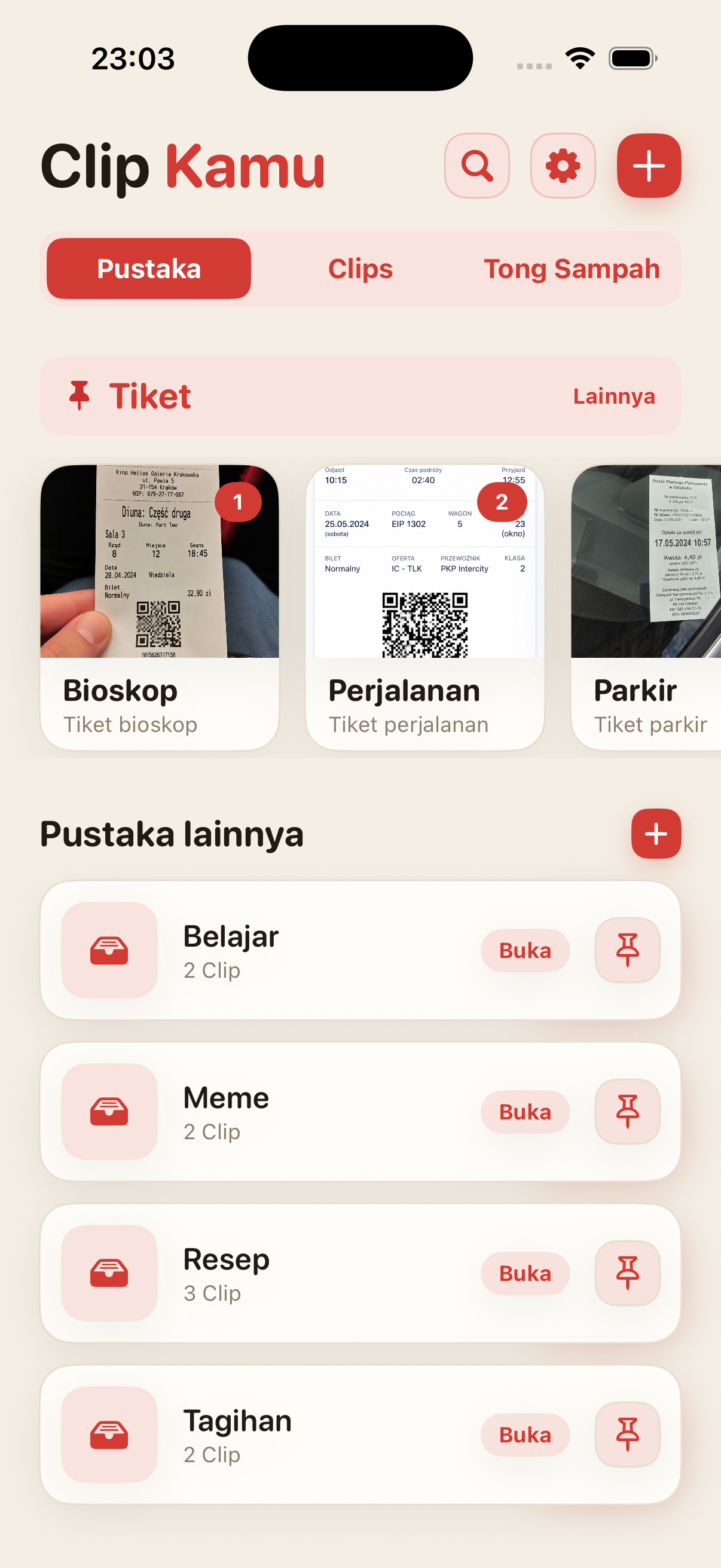 Layar beranda ScreenClips dengan pustaka dan Clip