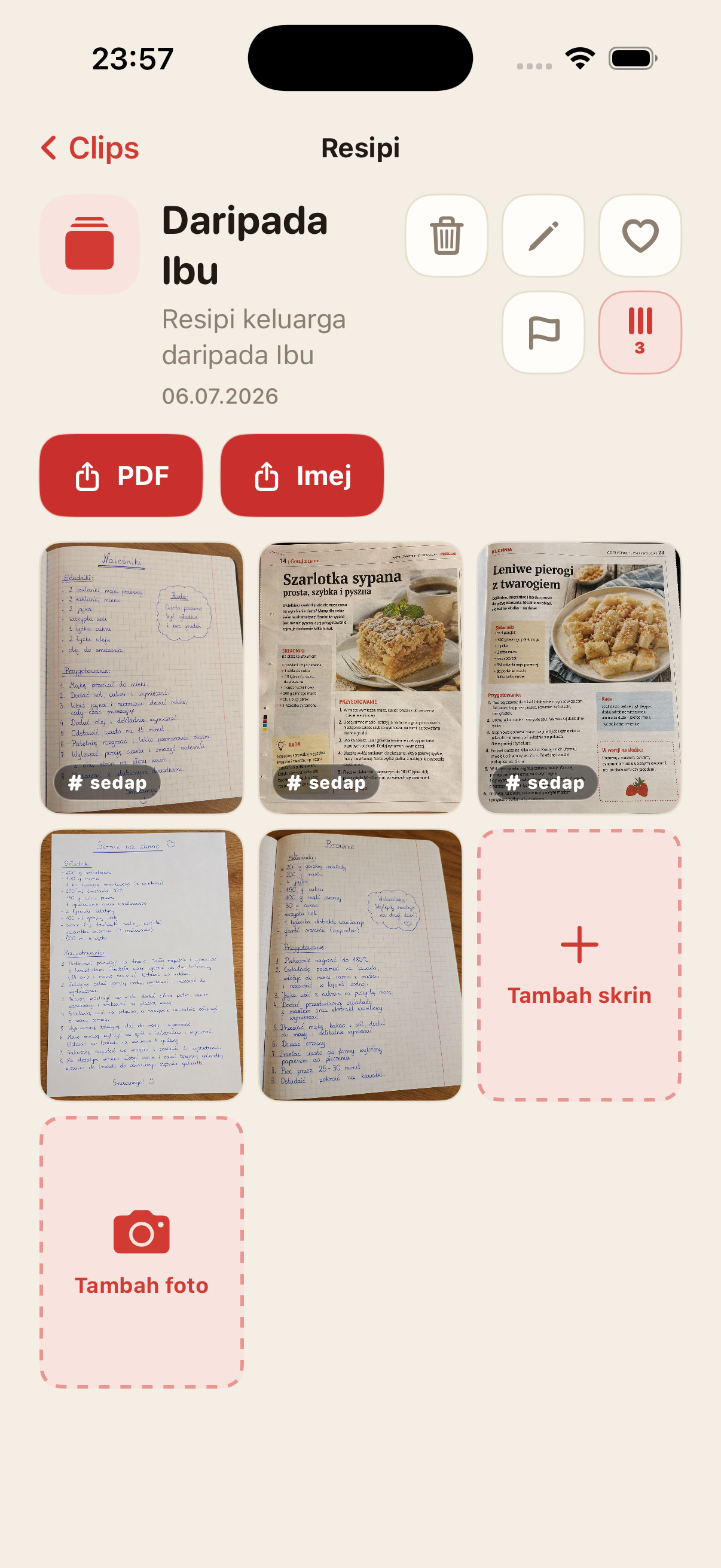Skrin butiran Clip dengan tangkapan skrin, foto dan tindakan eksport PDF