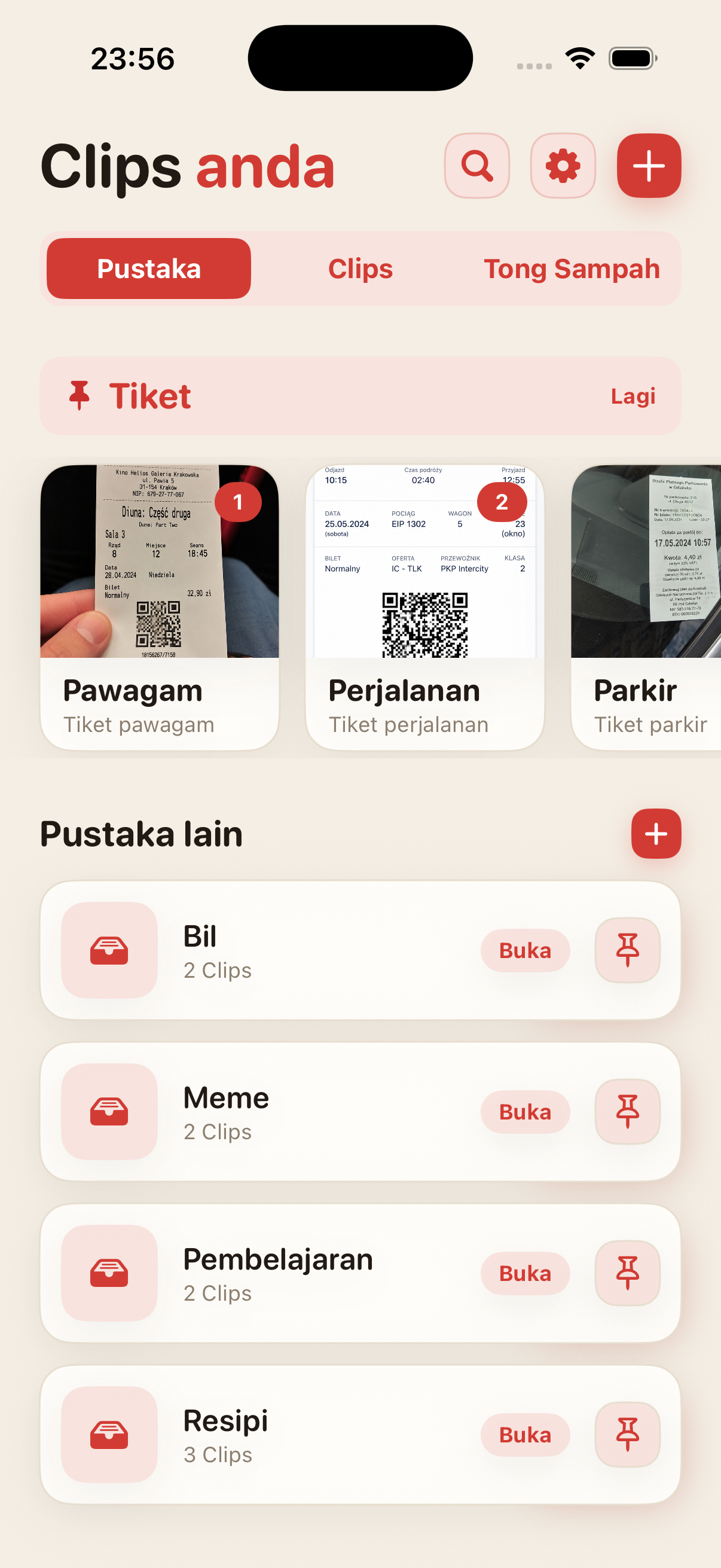Skrin utama ScreenClips dengan pustaka dan Clips