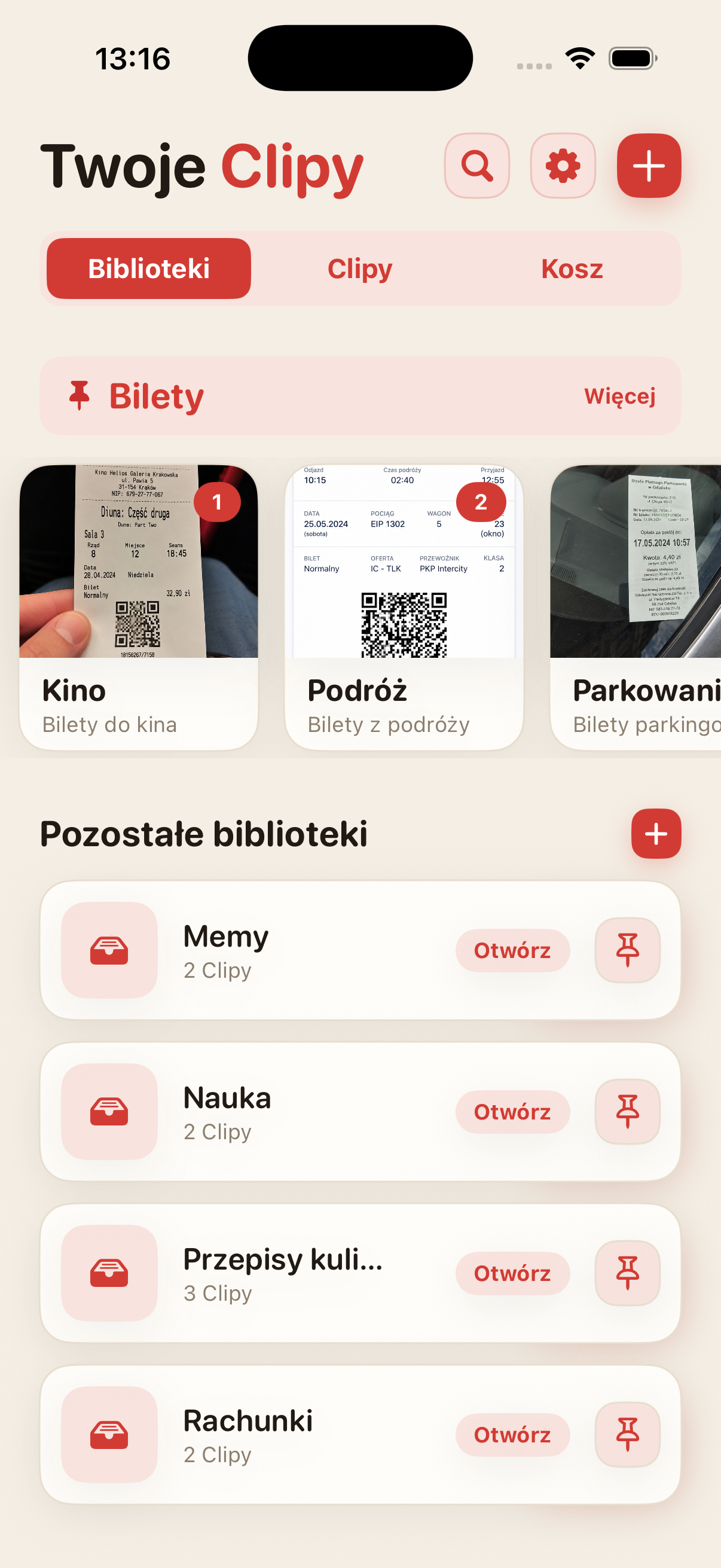 Ekran główny ScreenClips z bibliotekami i Clipami