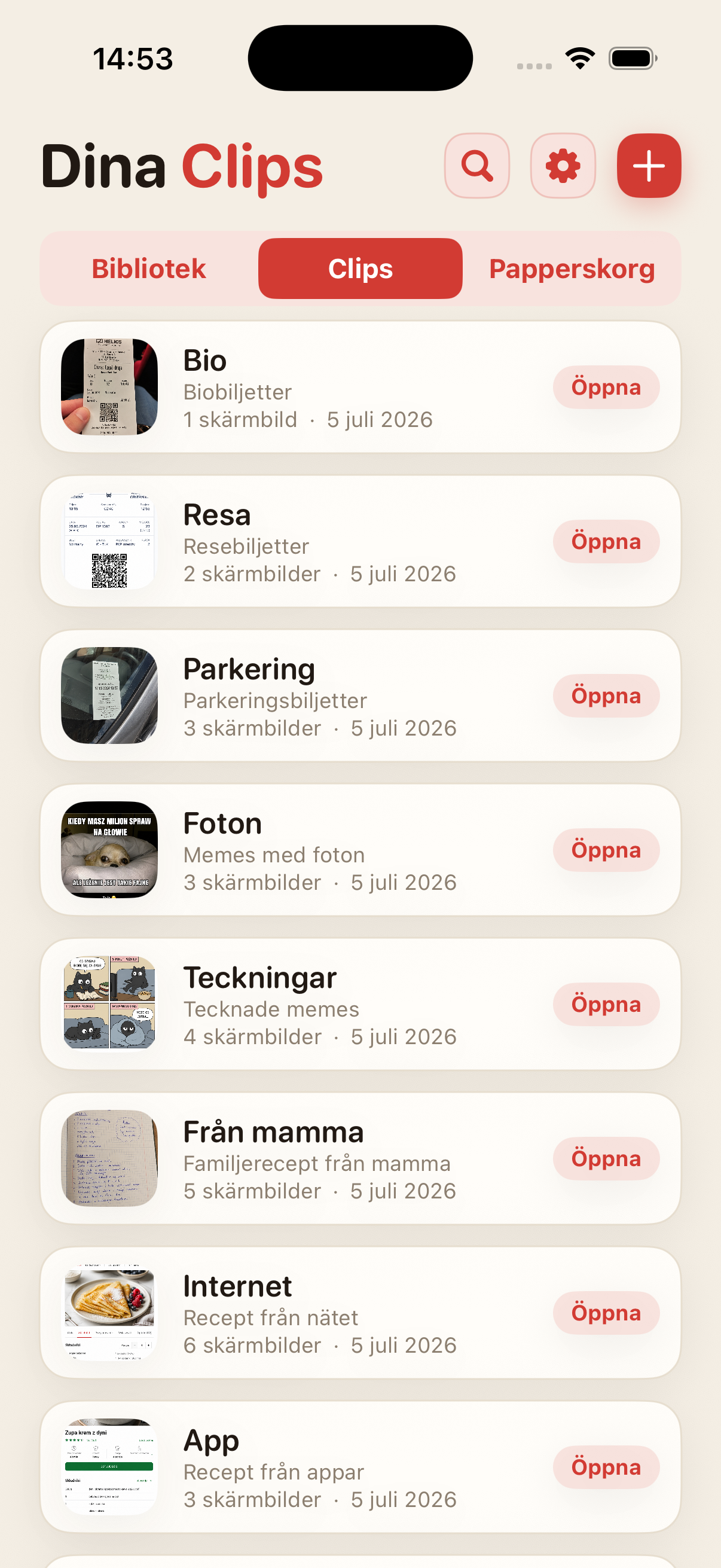 Lista med Clips i ScreenClips