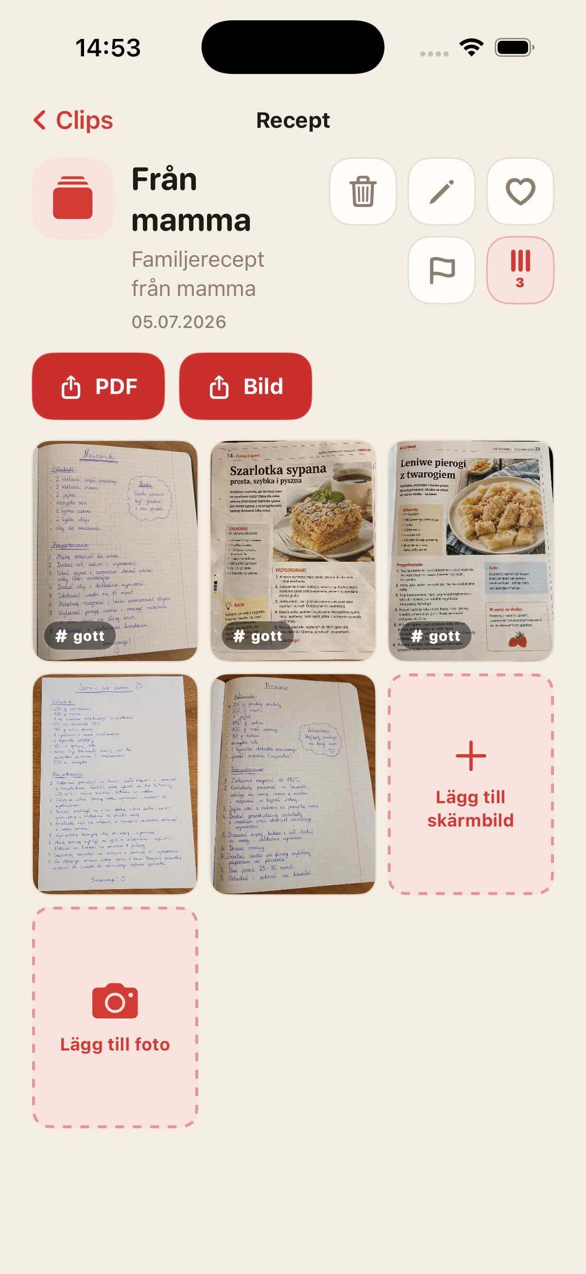 Clip-detalj med åtgärder för skärmbild, foto och PDF-export