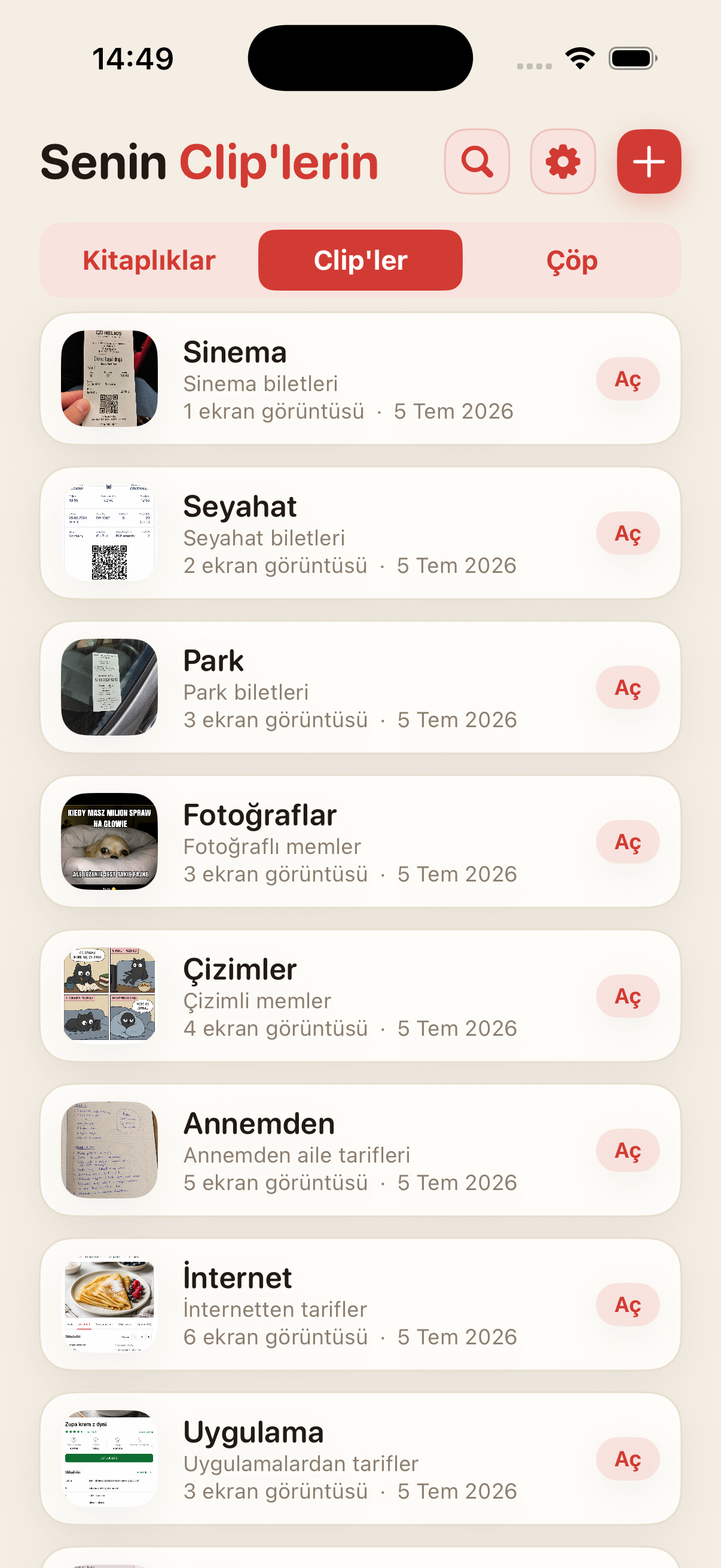 ScreenClips içinde Clip listesi