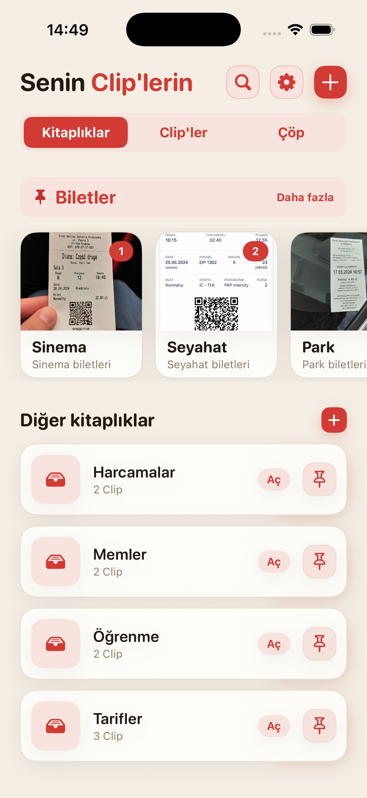 Kitaplıklar ve Clip'ler bulunan ScreenClips ana ekranı