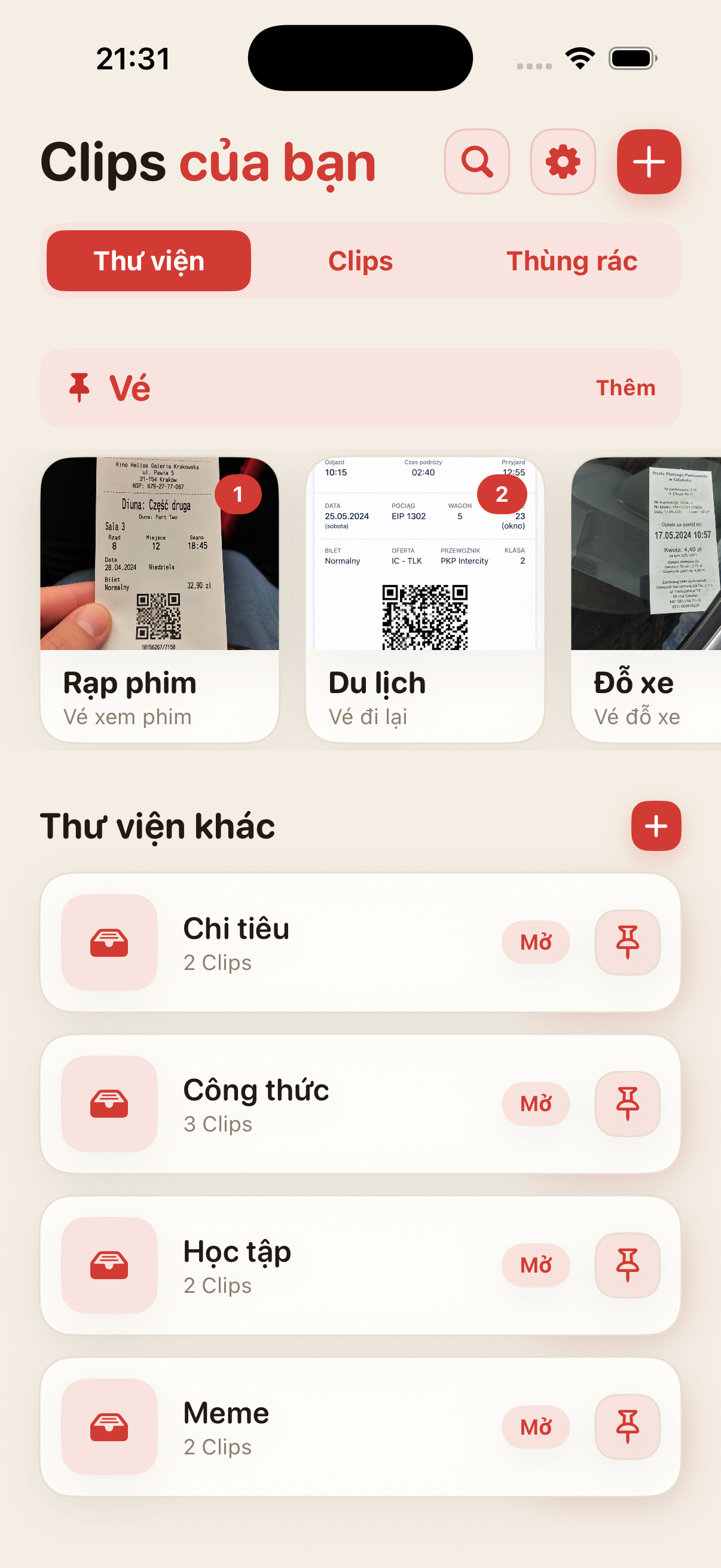 Màn hình chính ScreenClips với thư viện và Clips