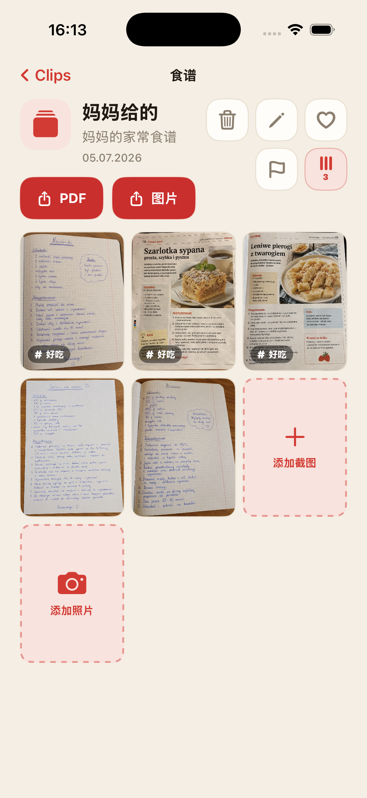 Clip 详情页，包含截图、图片和 PDF 导出操作